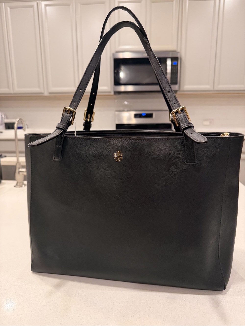 Tory Burch Black Saffiano Leather Tote with Gold Logo